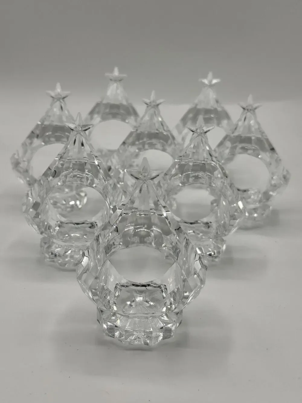 Set of 8 Clear Christmas Tree Diamond Cut Napkin Rings Acrylic Lucite MCM